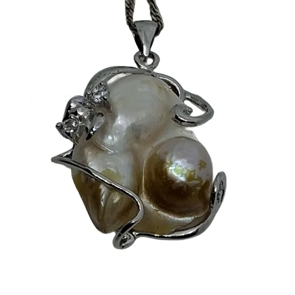 Sterling Silver & 18K Gold Plate Necklace w/ Natural Blister Pearl Pendant
